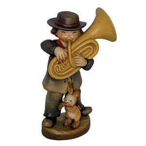 Anri Wood Carving TUBA BOY Ferrandiz 6" Boy with Tuba and Bunny Figure Italy
